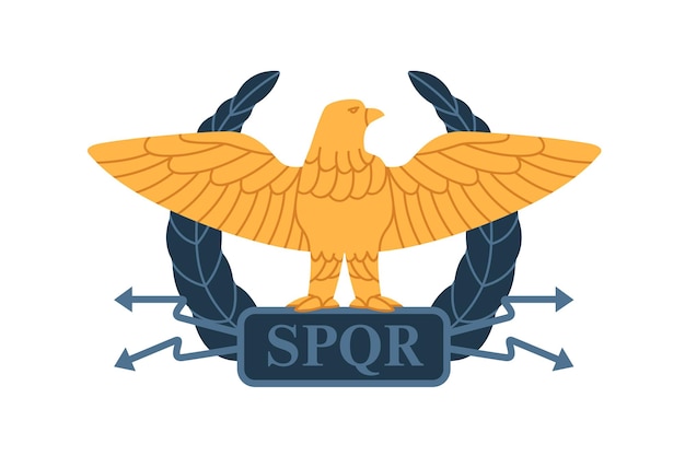 Roman gold eagle of Ancient military legion of Rome. Heraldic legionary symbol. Blazon with bird, wreath and SPQR. Flat vector illustration isolated on white background