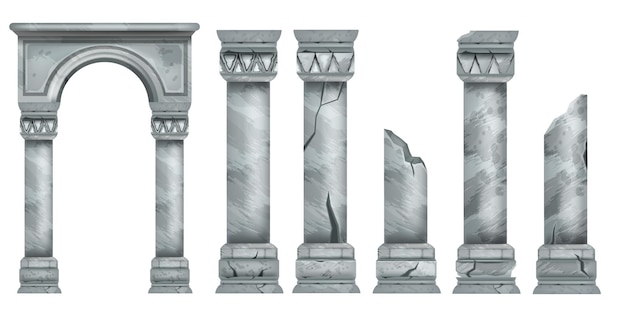 Roman marble pillars set ancient vector Greek stone broken columns collection antique architecture