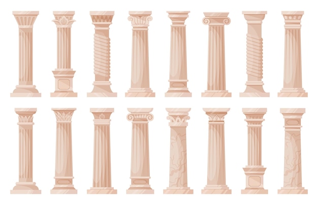 Roman pillars cartoon antique architecture columns flat vector illustration collection