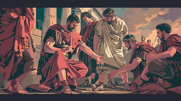 Vector roman soldiers gambling for jesus christ garment after crucifixion religious illustration transparent background