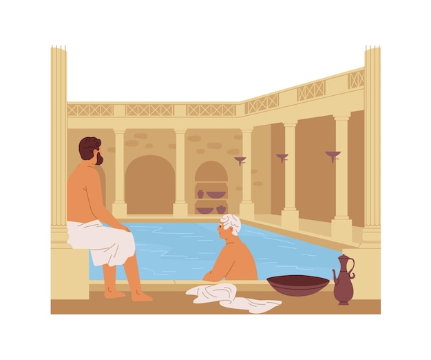 Roman thermae with columns. Ancient people of Rome in public thermal bath. Men resting, bathing and swimming in pool. Flat vector illustration