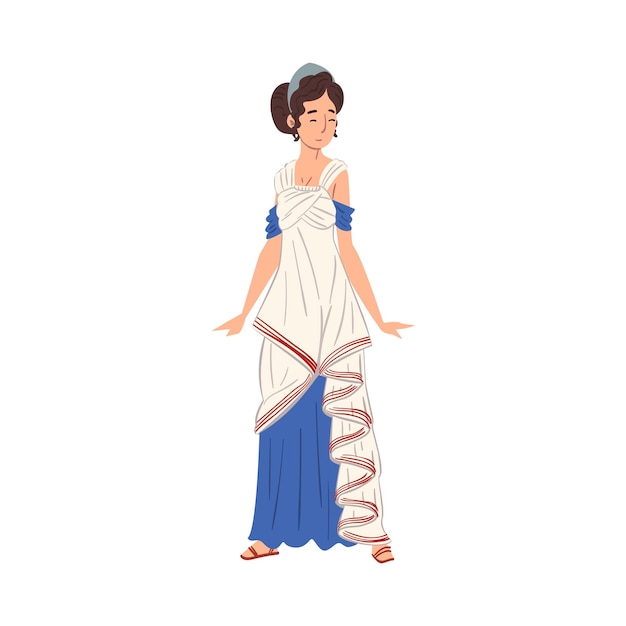 Roman Woman in Traditional Clothes Ancient Rome Citizen Character in White and Blue Tunic And Sandals Vector Illustration