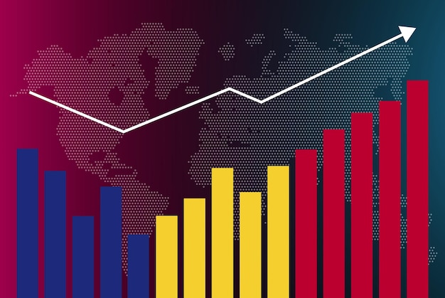 Romania bar chart graph with ups and downs, increasing values, Romania country flag on bar graph