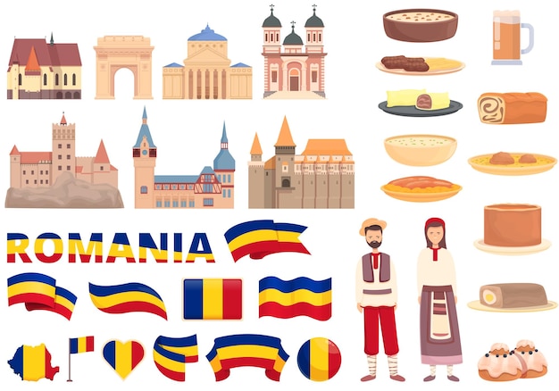 Romania icons set cartoon vector. Food map