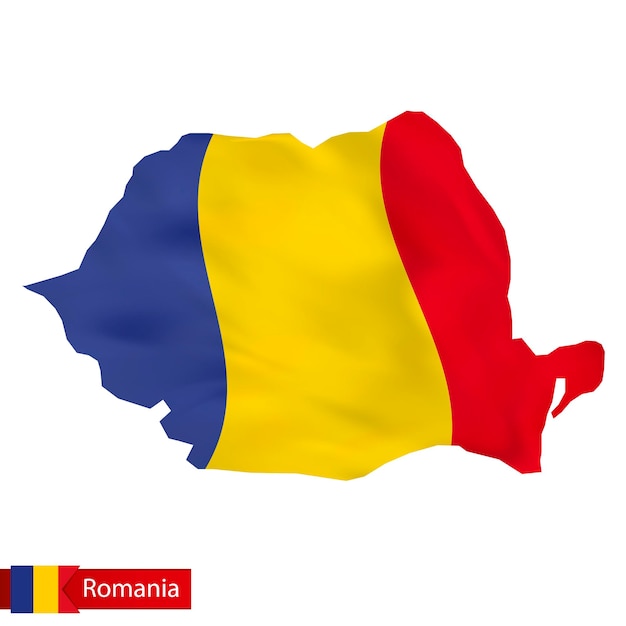 Romania map with waving flag of Romania