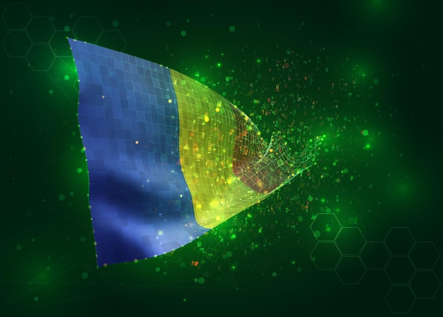 Romania on vector 3d flag on green background with polygons and data numbers