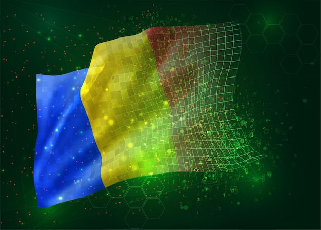 Romania, on vector 3d flag on green background with polygons and data numbers