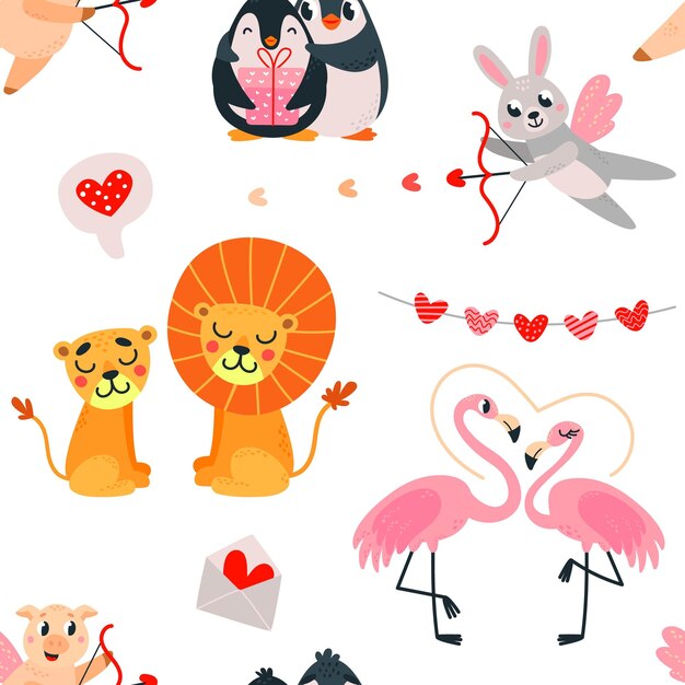 Vector romantic animals seamless pattern cartoon animal in love fabric childish print happy valentine day texture with cute wild characters classy vector template