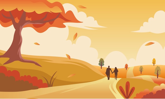 Romantic autumn. Autumn panoramic illustration vector. Couple in falling leaves with orange sky.