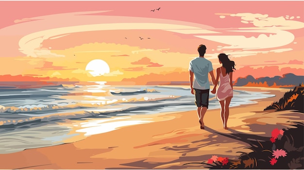 Vector romantic beach walk illustration