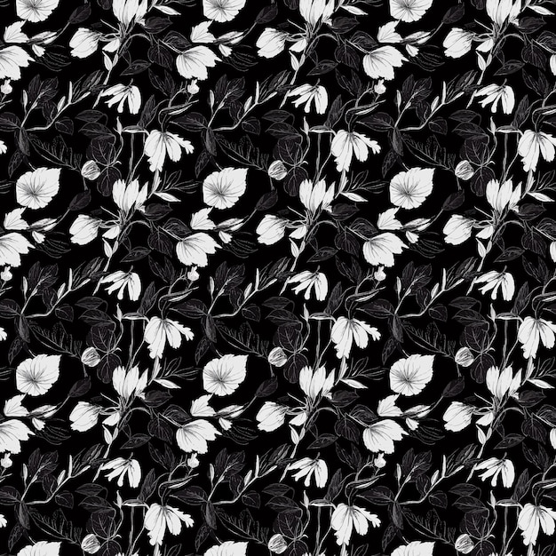 Romantic black and white flower seamless pattern Tim burton style endless fabric pattern