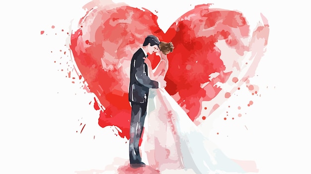 Vector romantic bride and groom with red heart watercolor vector illustration