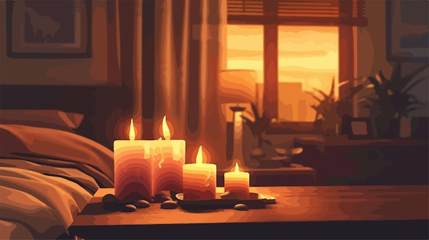 Vector romantic burning candles illuminating bedroom decor vector illustration