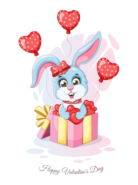 Romantic card with a bunny in a gift box hearts and balloons