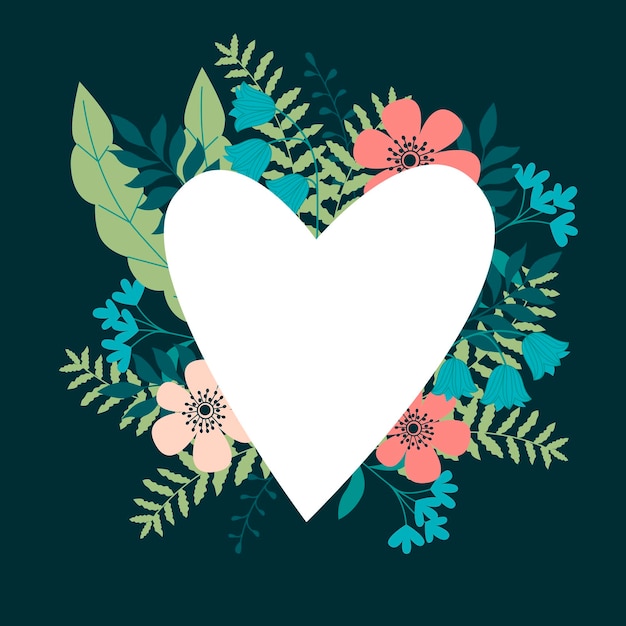 Vector romantic card with heart and meadow leaves and flowers. vector illustration.