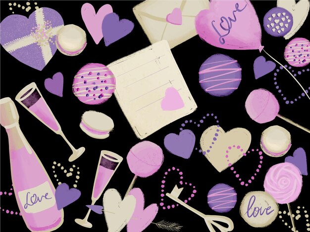 Romantic card with love symbol illustration in pink and purple color on a black background