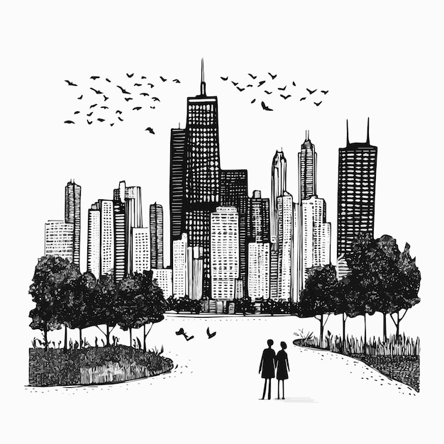 Vector romantic chicago city skyline illustration in black and white