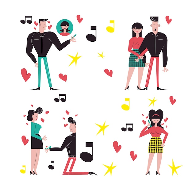 Romantic couple cartoons symbol set design, Relationship love and romance theme 