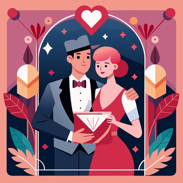 Vector romantic couple celebrating love with heart and flowers