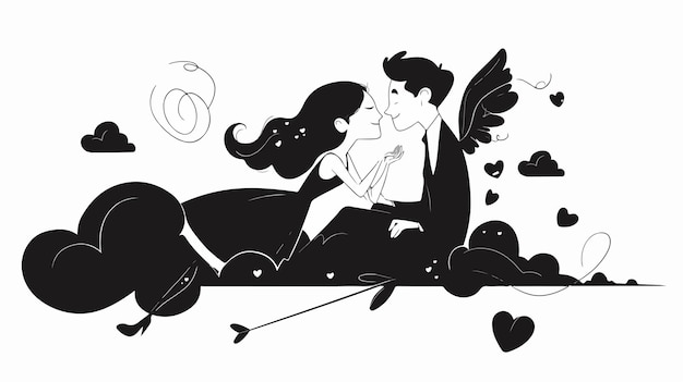 Vector romantic couple on cloud with cupid in sky illustration