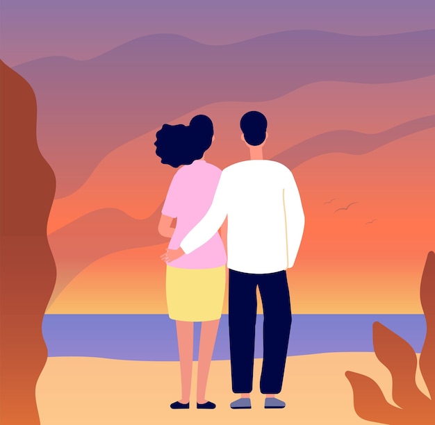 Romantic couple date Hugging on sunset tourists in love look on mountain sea landscape Flat lovers together seascape utter vector concept