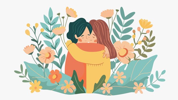 Vector romantic couple embracing inside floral frame