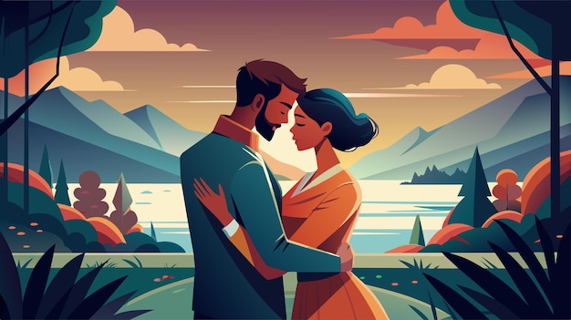 Romantic Couple Embracing at Sunset in a Mountainous Landscape