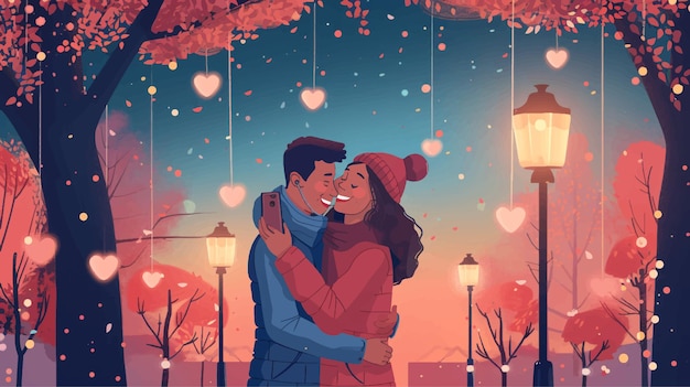 Vector romantic couple embracing and taking selfies on a beautiful night