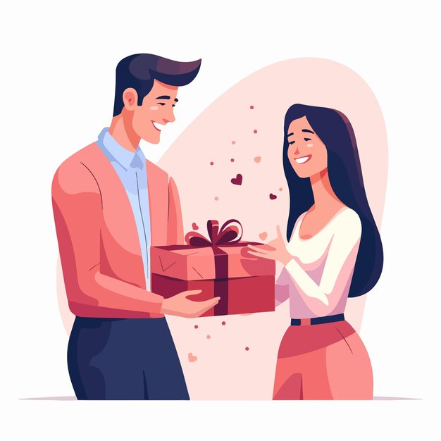 Vector romantic couple exchanging gifts woman presenting small box to man