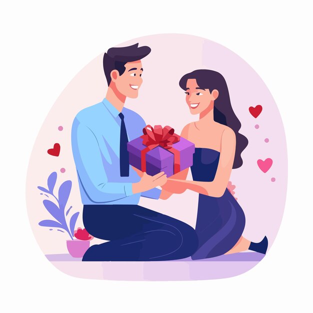 Vector romantic couple exchanging gifts woman presenting small box to man