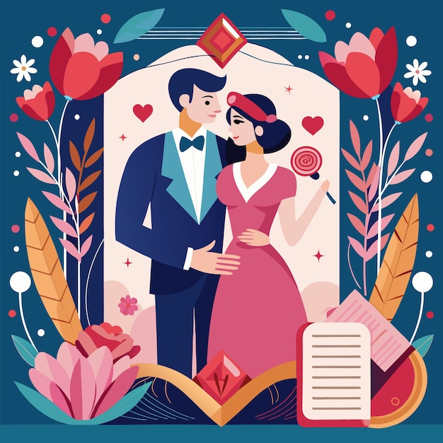 Vector romantic couple in love with flowers and hearts a beautiful illustration