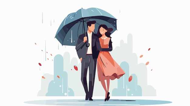 Vector romantic couple under rain with man holding umbrella for protection