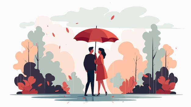 Vector romantic couple under rain with man holding umbrella for protection