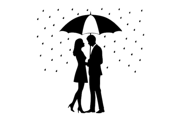 Vector romantic couple silhouette under umbrella in rain vector illustration clipart