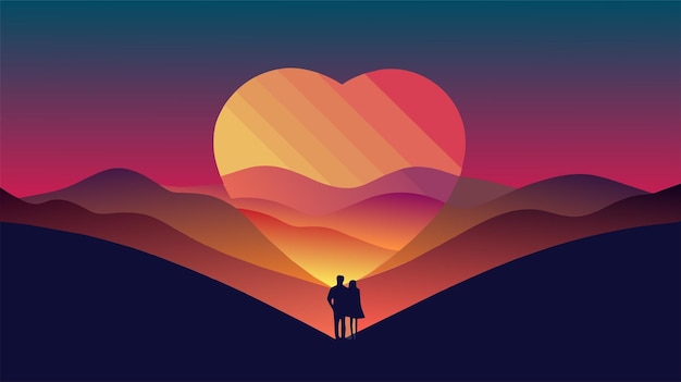 Romantic couple silhouette with vibrant sunset heartshaped background illustration