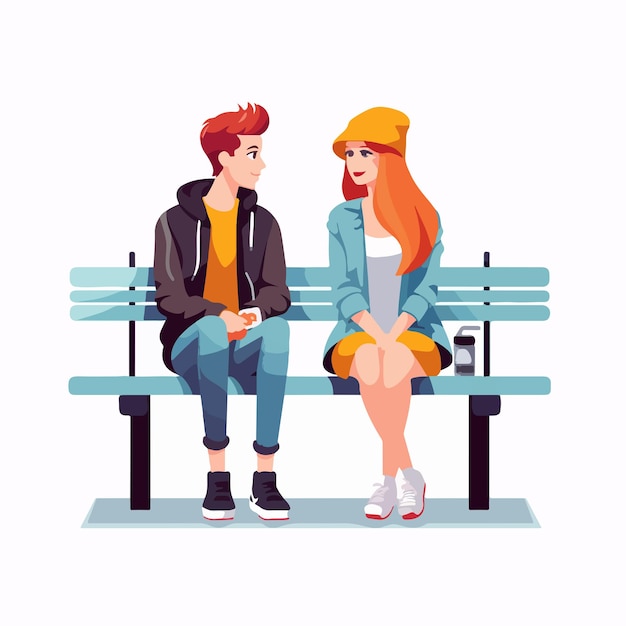 Vector romantic couple sitting together on bench isolated