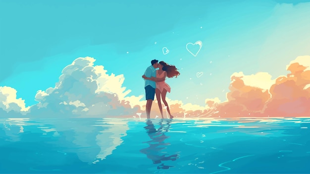 Romantic Couple Snuggling in the Sea at Sunset