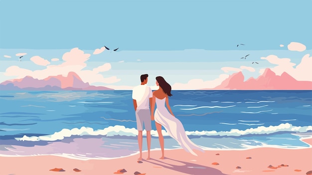 Vector romantic couple watching sunset on seashore beach