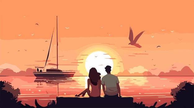 Romantic Couple Watching Sunset Together Outdoors