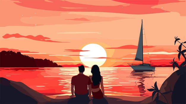 Vector romantic couple watching sunset together outdoors