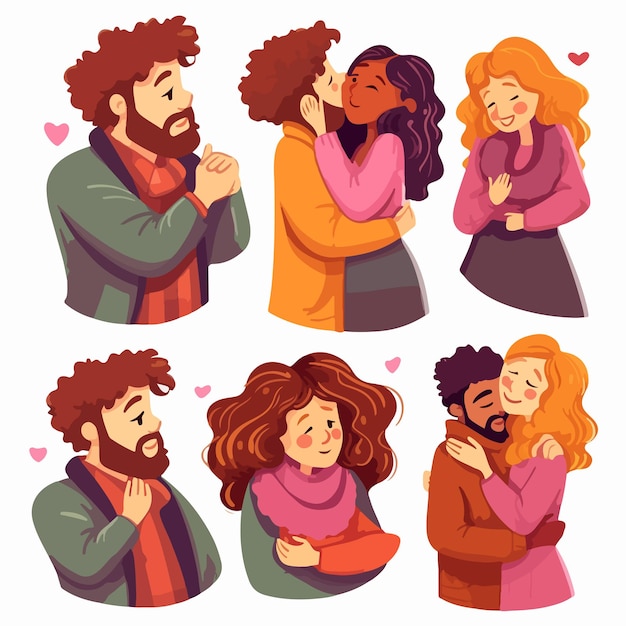 Vector romantic couples in love portraits of affectionate guy and girl