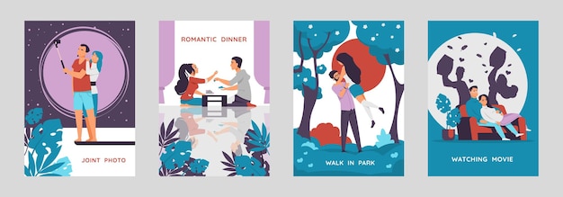 Romantic couples posters. Cartoon characters walking and enjoying time together, postcards with love scenes. Vector collections vertical illustrate image happy boy and girl on date