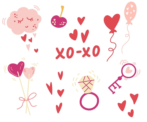 Romantic elements for Valentine's day. Sweets, lollipops, clouds, hearts, rings, balls and key. Vector illustrations for invitation, stickers, greeting cards, etc