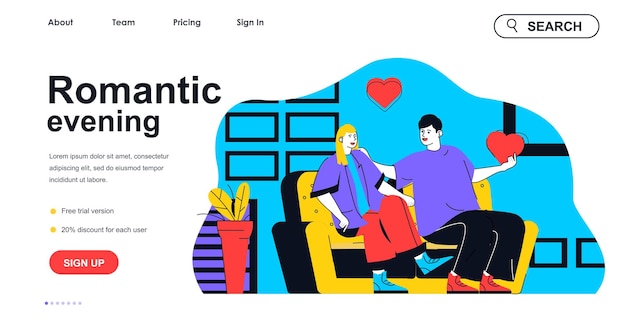 Romantic evening concept for landing page template Loving man and woman talks sitting on couch Couple relationship family people scene Vector illustration with flat character design for web banner