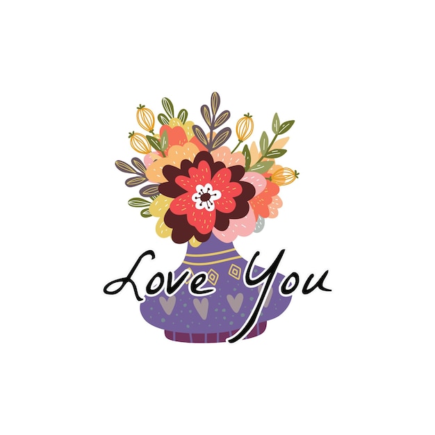 Romantic flower vase poster with love you text