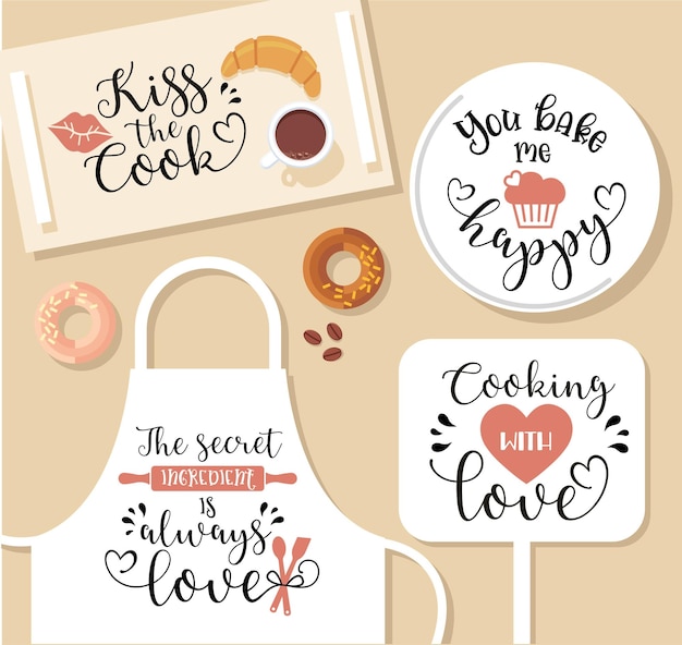 Romantic funny inscriptions for apron and kitchen decor Vecotr illustration