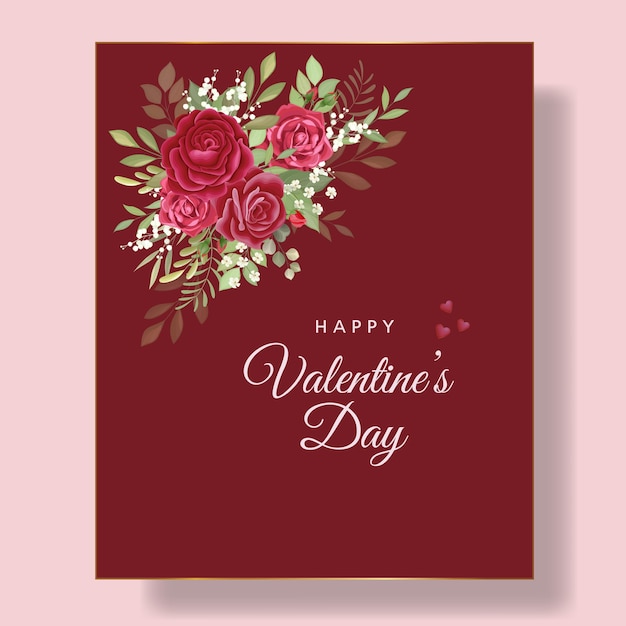 Romantic happy valentine's day card background with hearts and red flowers  