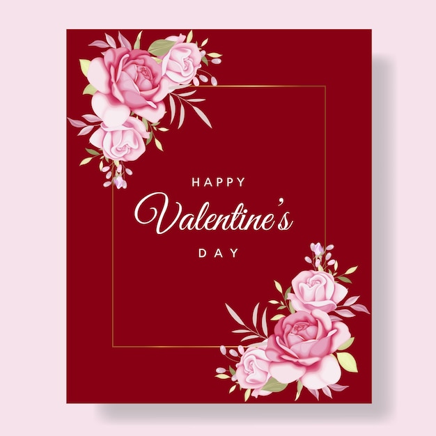 Romantic happy valentine's day card   with red hearts and flowers   