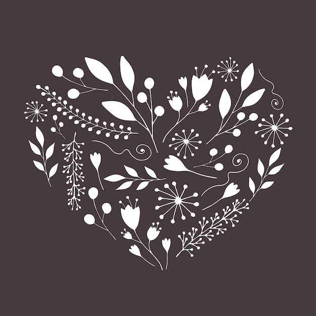 romantic heart with silhouettes of flowers and sprigs.