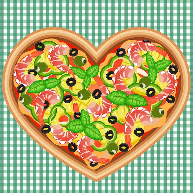 Romantic heartshaped pizza with shrimps and pineapples Vector image can be used for menu food posters design or other crafts